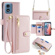 For Moto G 5G 2024 Wallet Case, Crossbody Shoulder Strap Zipper Pocket Cards Holder Shockproof Premium PU Leather Portable Phone Case for Motorola G 5G 2024, Pink